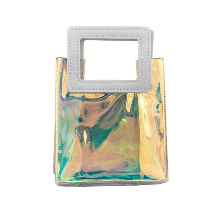 BUSTA PVC IRIDESCENTE CON MANICO PELLE H14X13X6.8